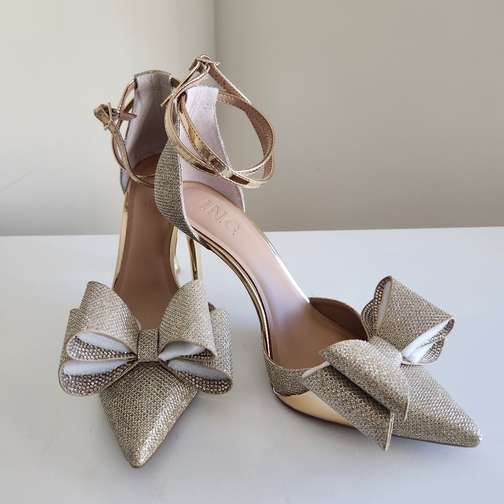 INC Gold Metallic Heels with Bow 8.5